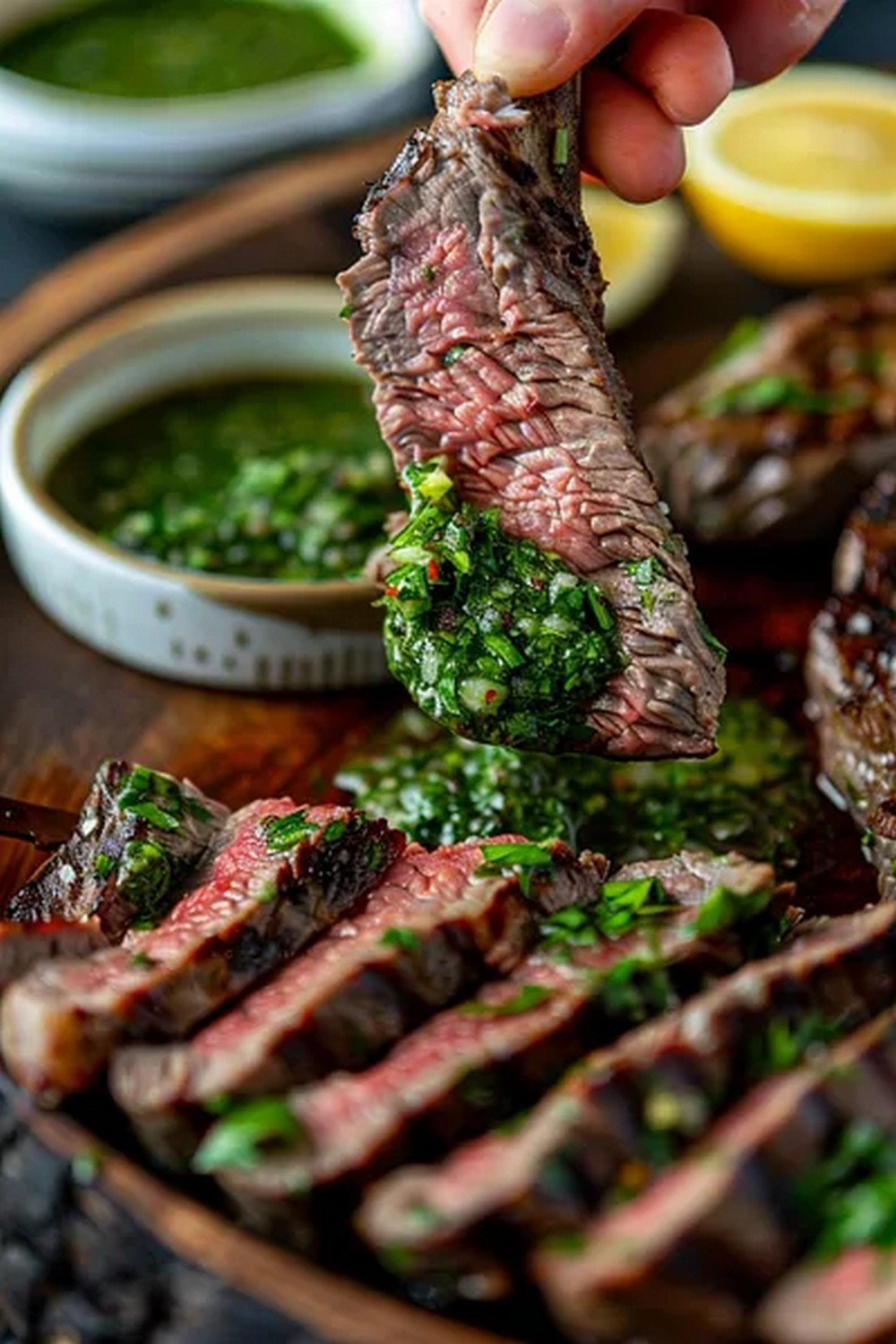 Action dip shot of Chimichurri Sauce
