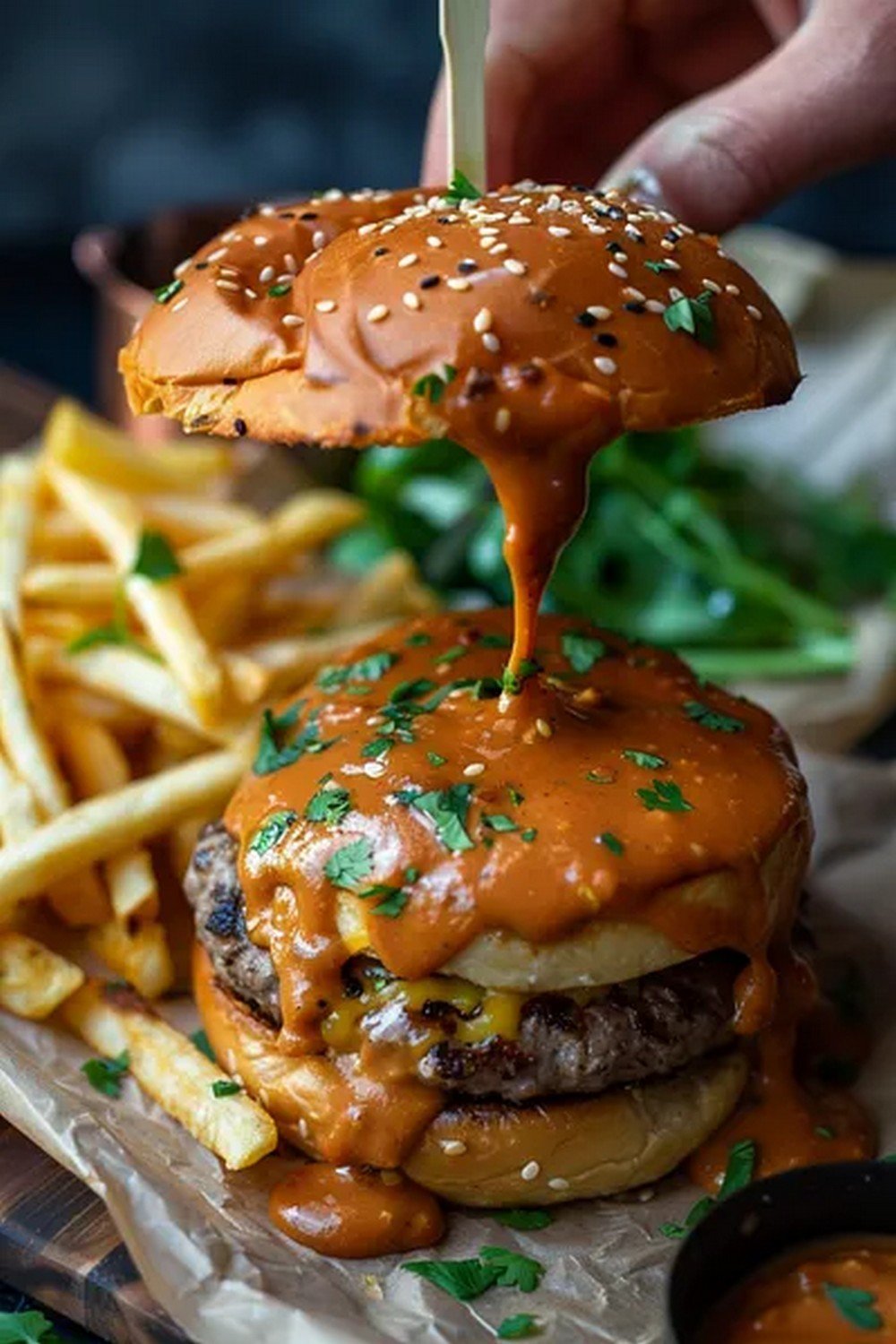 crispy fries dipping into creamy chipotle burger sauce
