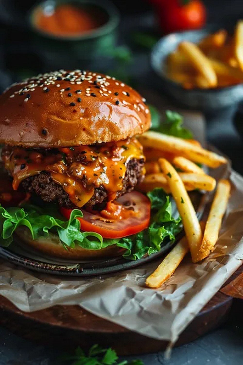 burger and fries served with homemade chipotle burger sauce
