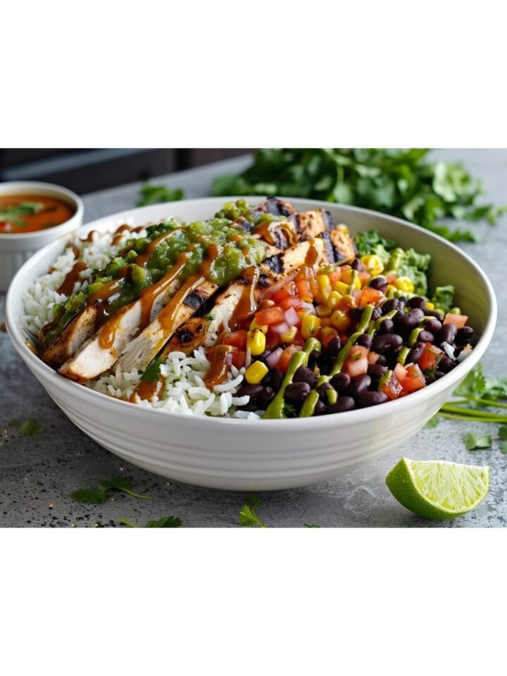 fully loaded Chipotle copycat burrito bowl with visible rice beans chicken tomatillo salsa corn salsa and honey vinaigrette drizzle in ceramic bowl