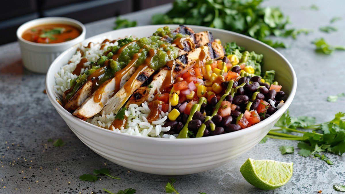 fully loaded Chipotle copycat burrito bowl with visible rice beans chicken tomatillo salsa corn salsa and honey vinaigrette drizzle in ceramic bowl
