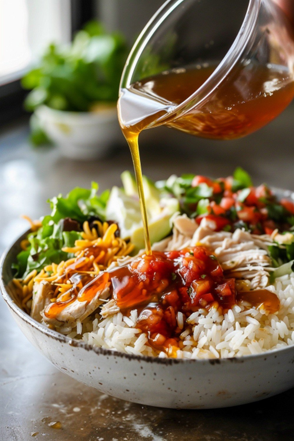 sweet smoky amber Chipotle honey vinaigrette poured in thick glossy arc across loaded burrito bowl with visible fresh ingredient layers
