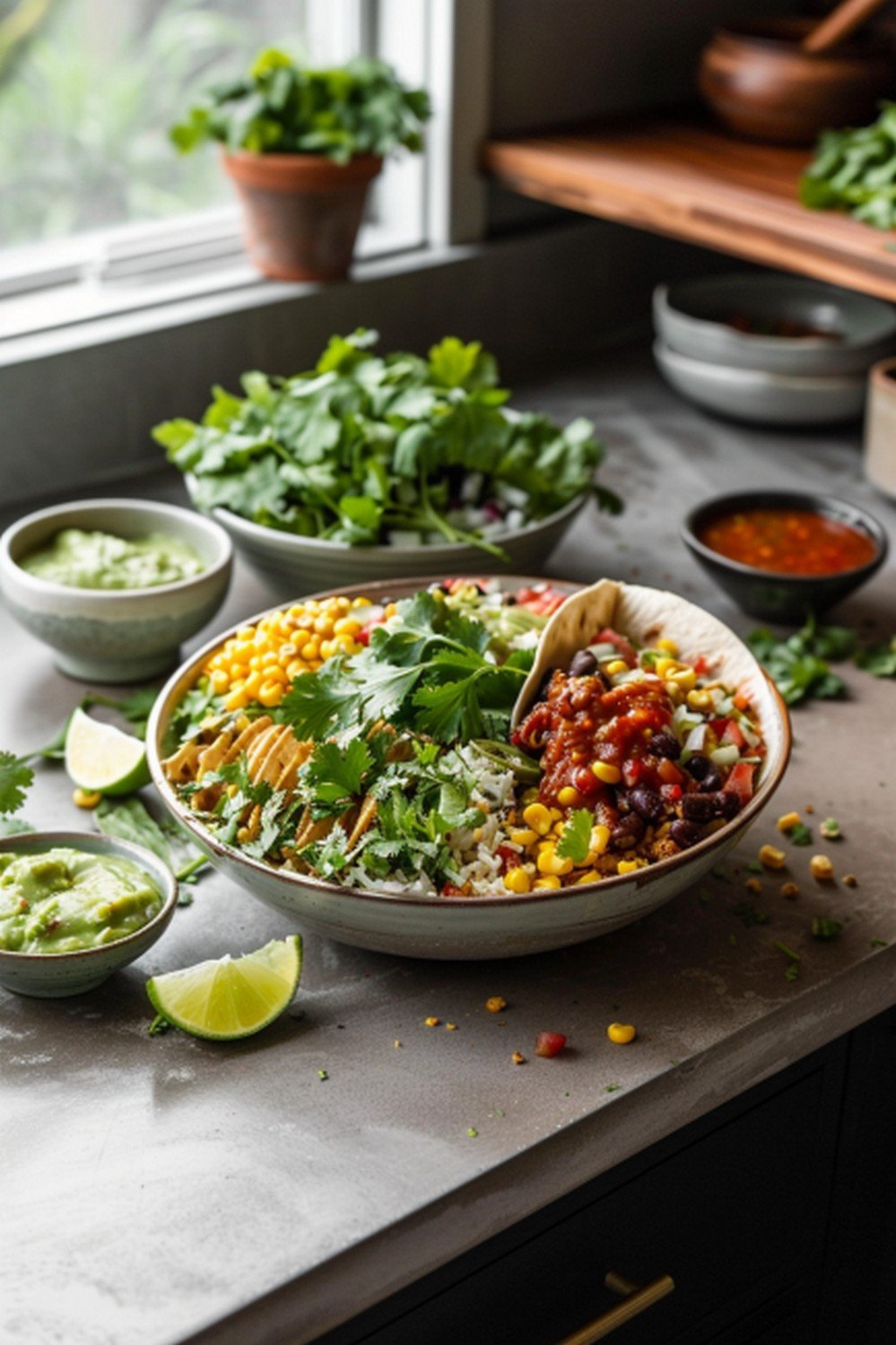 full Chipotle copycat bowl spread with loaded burrito bowl tomatillo salsas corn salsa honey vinaigrette ramekins and lime wedges on concrete counter

