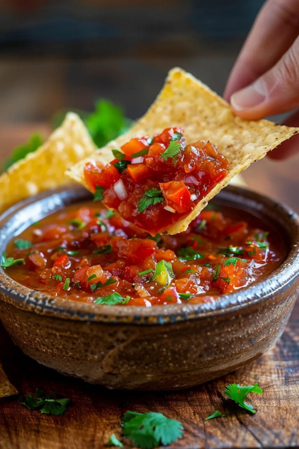Action dip shot of Chipotle Red Chili Salsa
