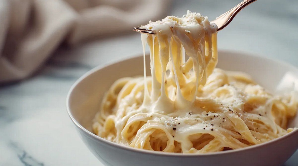 classic Alfredo sauce coating creamy fettuccine pasta