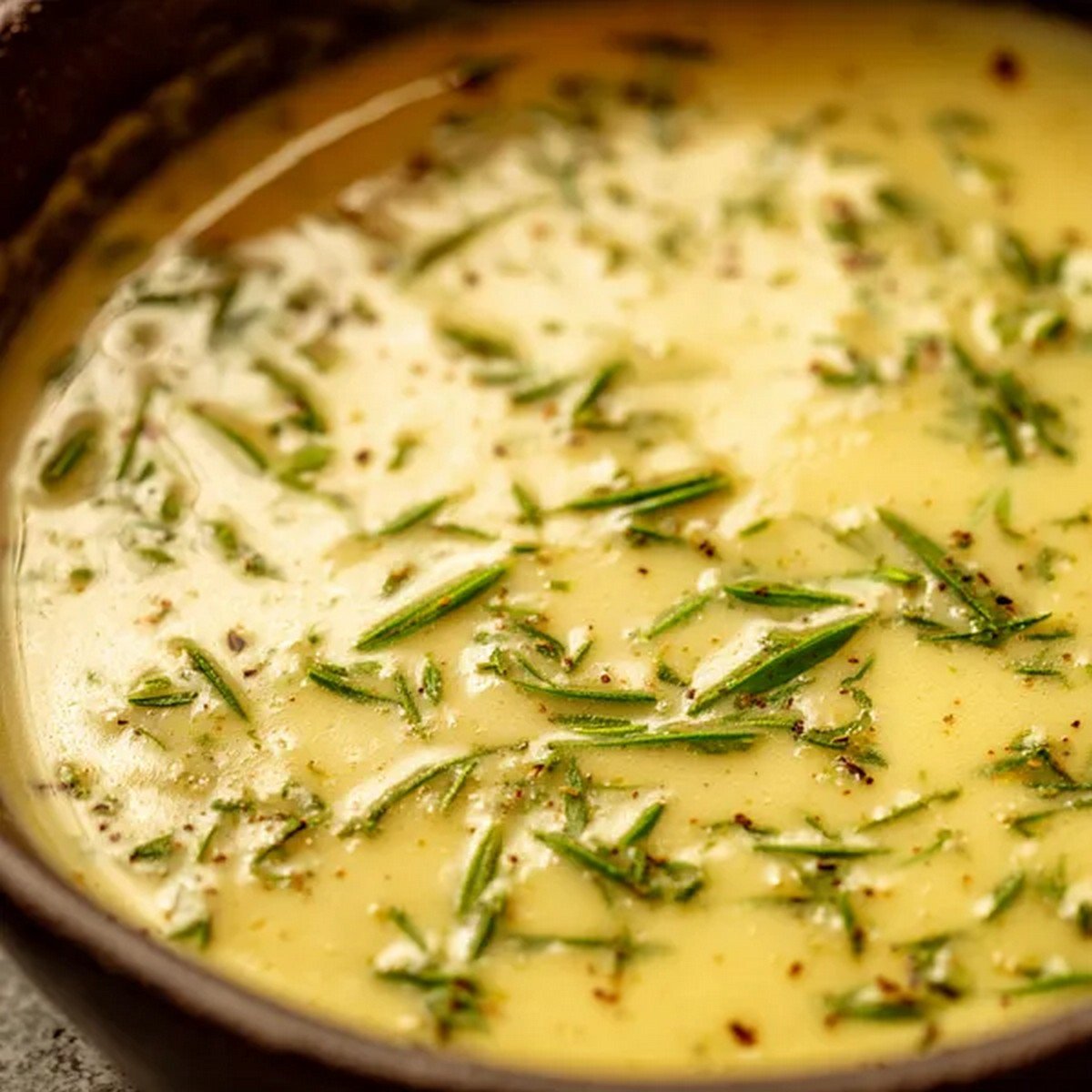 close up texture of buttery bearnaise sauce with herbs
