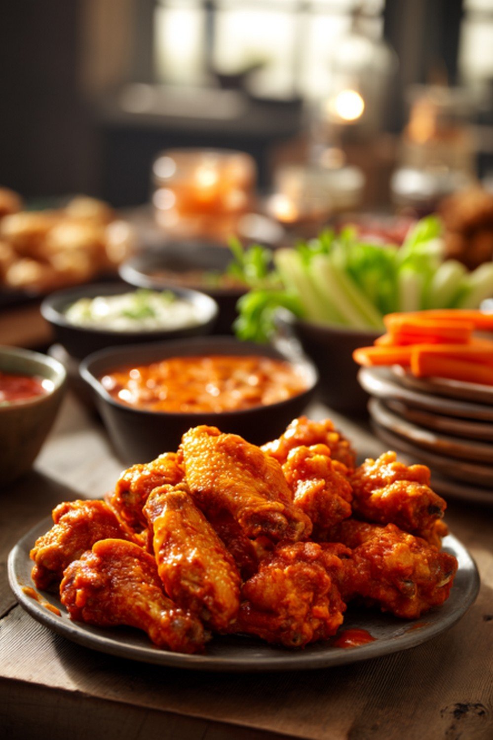 buffalo sauce served with wings on a game day table
