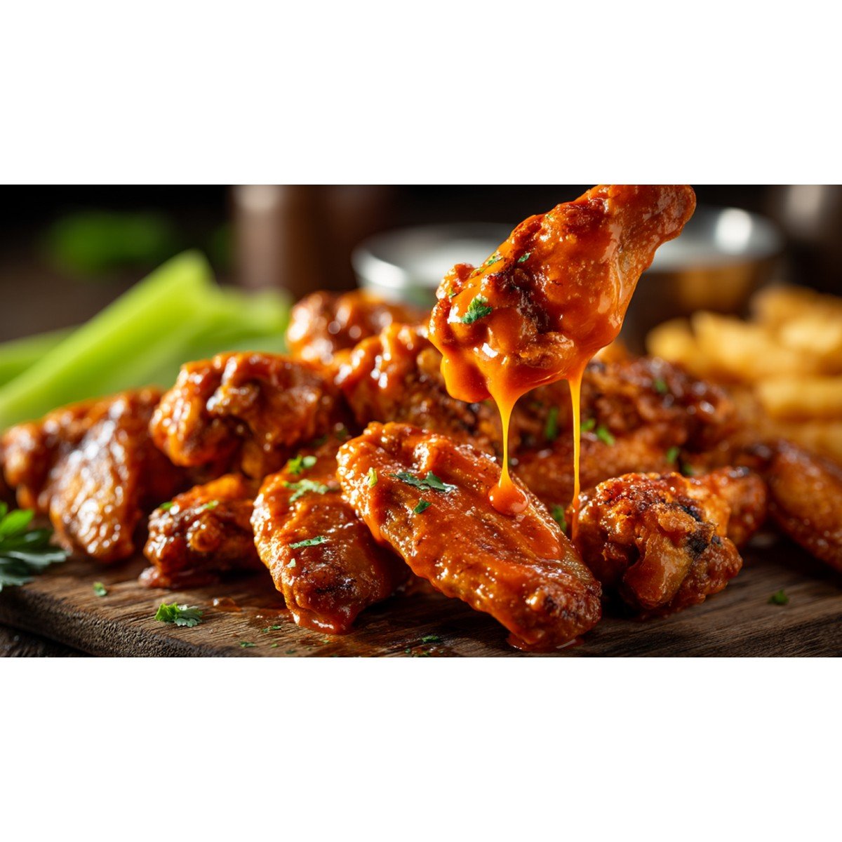 classic buffalo sauce coating crispy chicken wings with fries