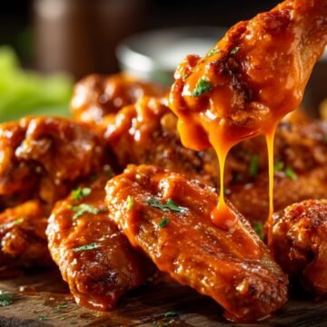 classic buffalo sauce coating crispy chicken wings with fries