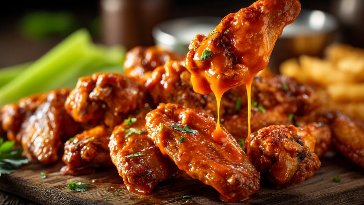 classic buffalo sauce coating crispy chicken wings with fries
