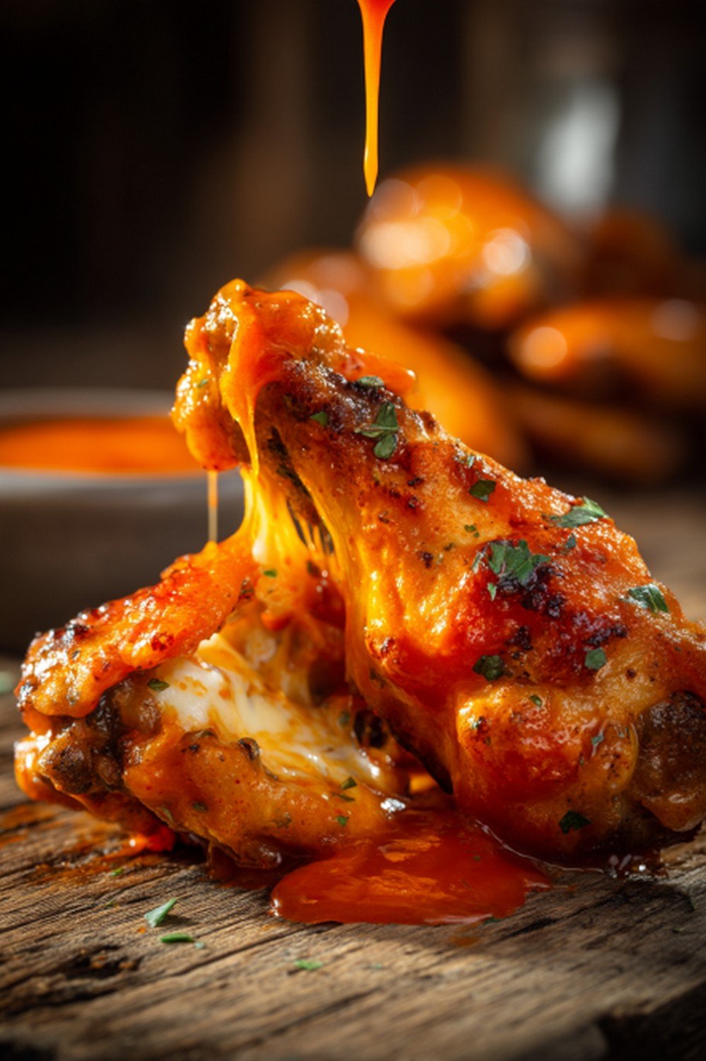 chicken wing dipped into buffalo sauce with dripping coating
