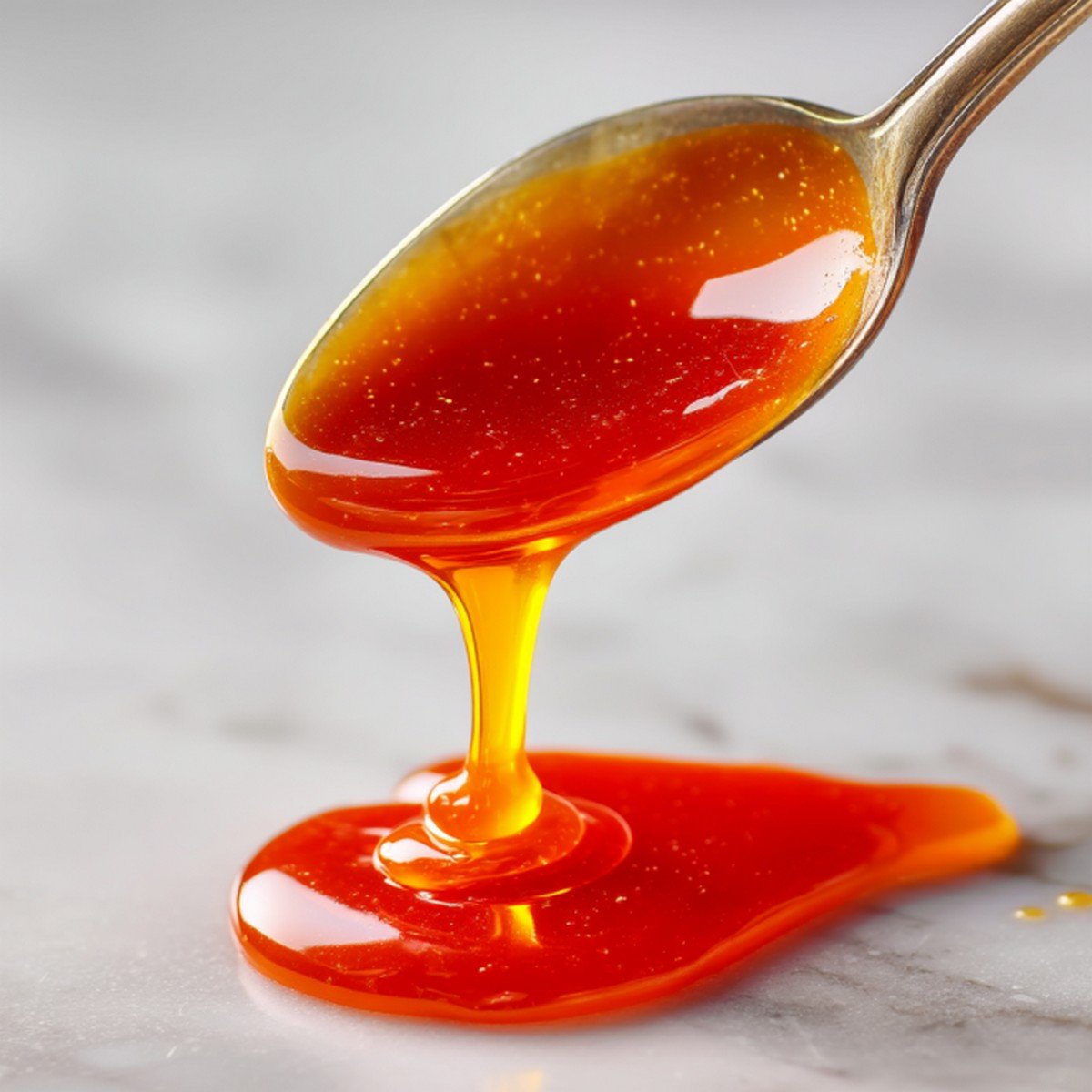 thick buffalo sauce dripping from a spoon with glossy finish
