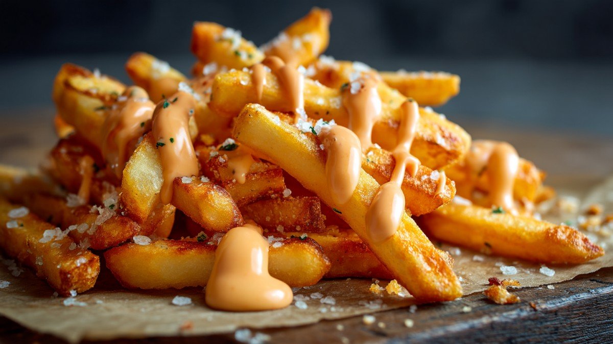 classic fry sauce served with crispy fries on a marble surface
