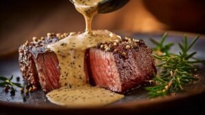 steak topped with creamy peppercorn sauce on plate
