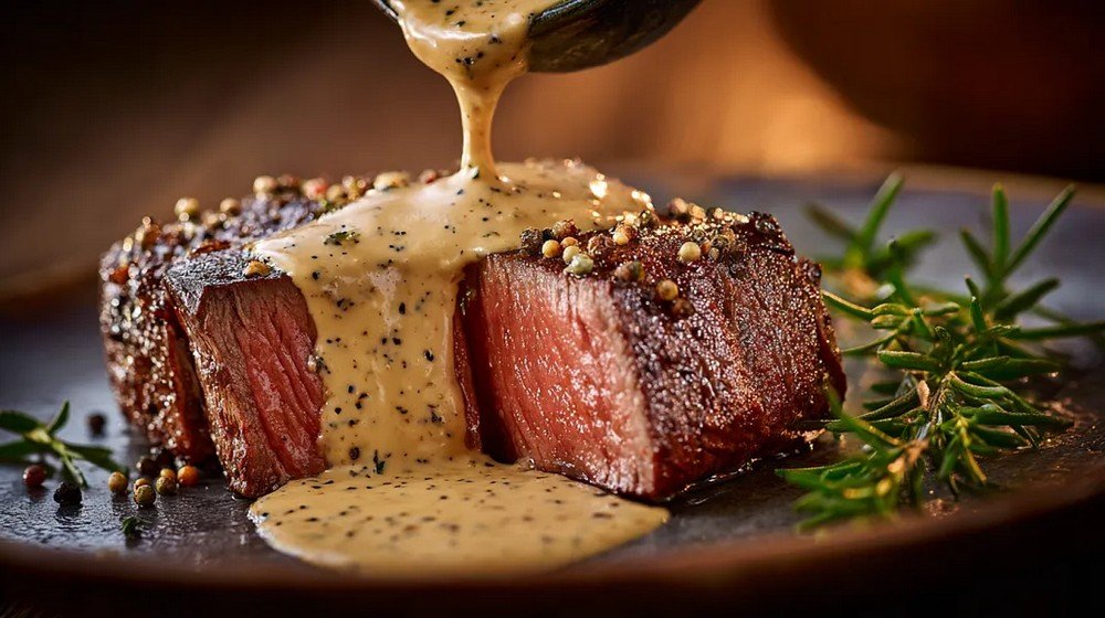 steak topped with creamy peppercorn sauce on plate