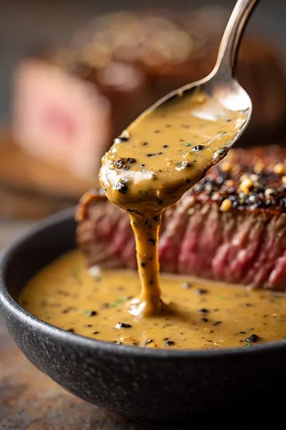 steak dipped into creamy peppercorn sauce in bowl