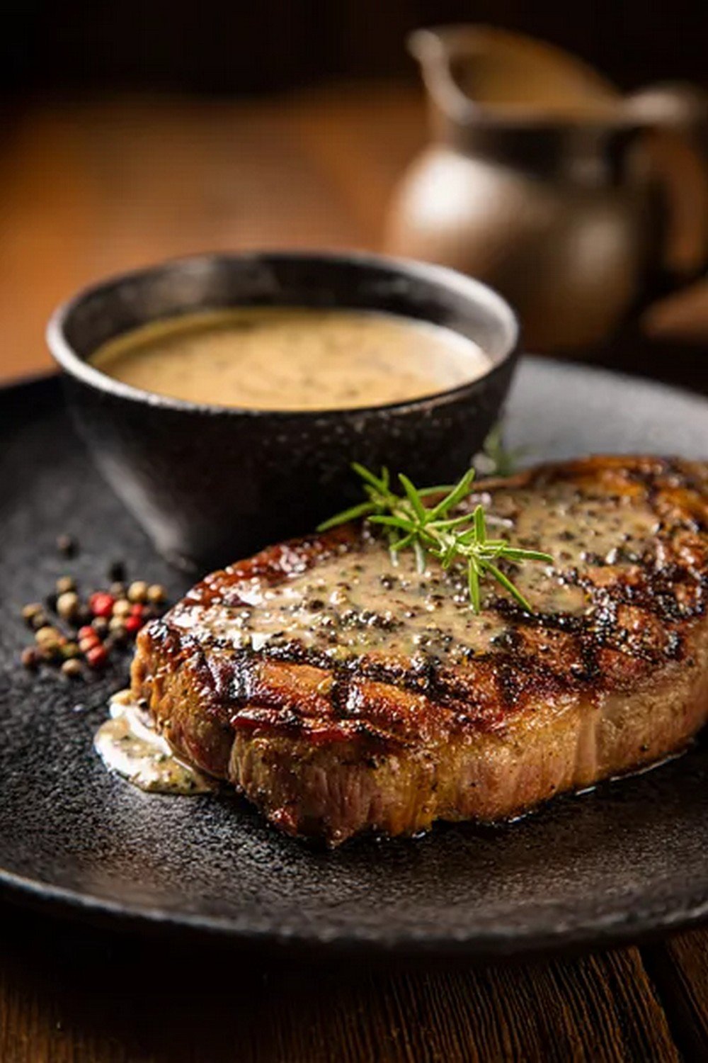 homemade creamy peppercorn sauce served with steak