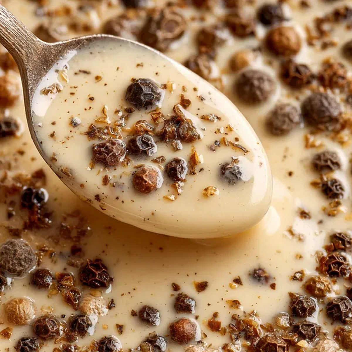 close up texture of creamy peppercorn sauce with cracked pepper