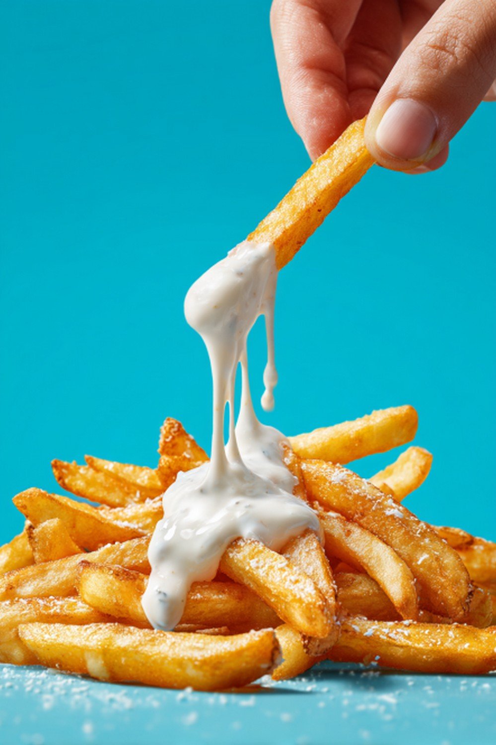 fries dipping into creamy ranch dip with smooth coating
