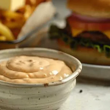 creamy culvers sauce in bowl with butter burger in background