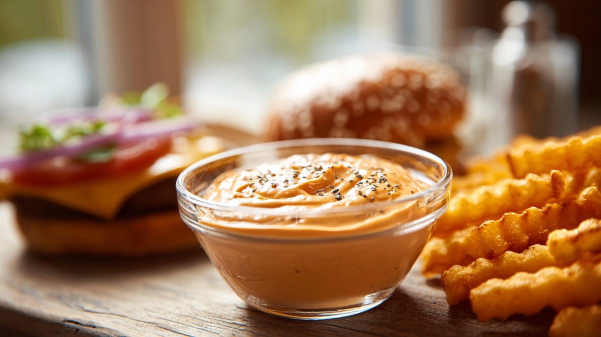 creamy homemade culvers sauce served with crispy fries and burger