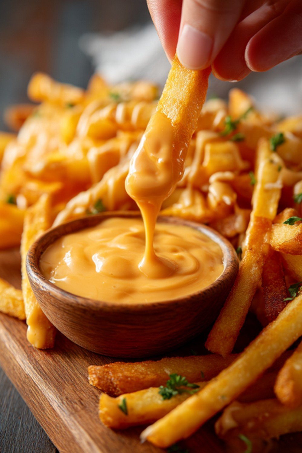crispy fries dipping into culvers sauce with thick creamy texture