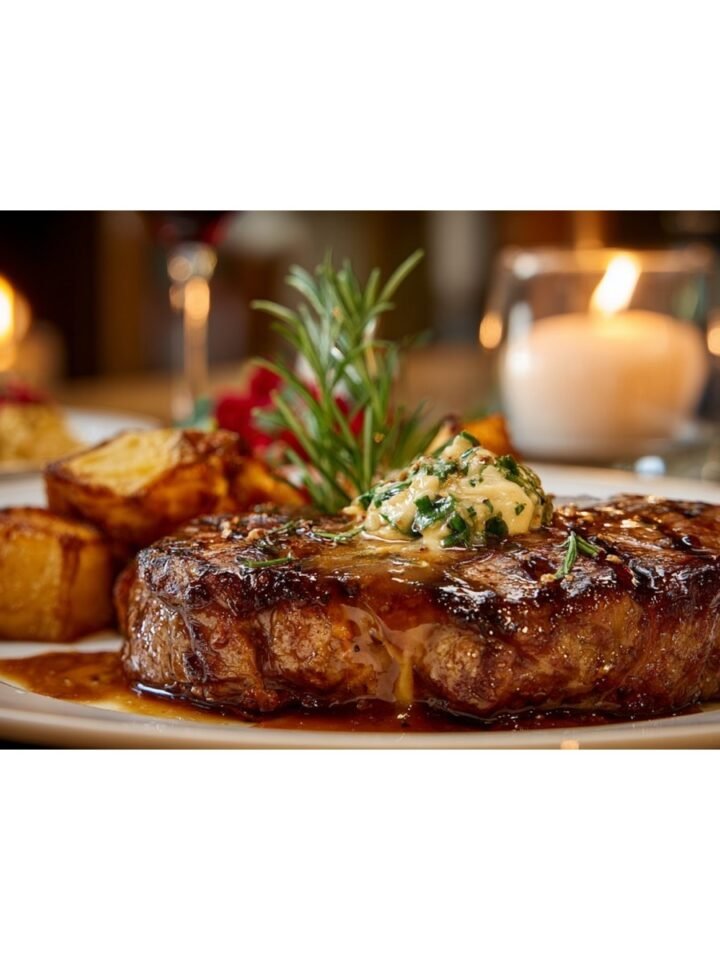 juicy steak with garlic butter sauce for date night dinner