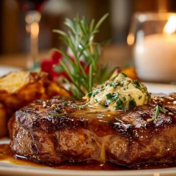 juicy steak with garlic butter sauce for date night dinner