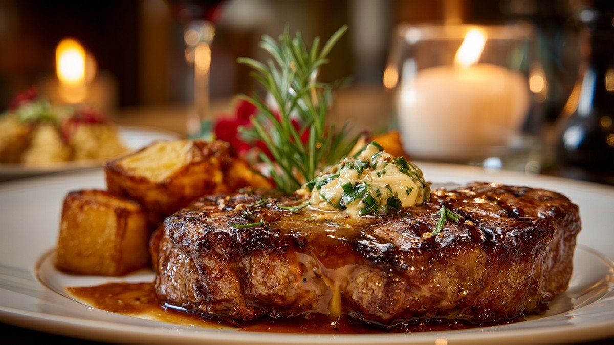 juicy steak with garlic butter sauce for date night dinner
