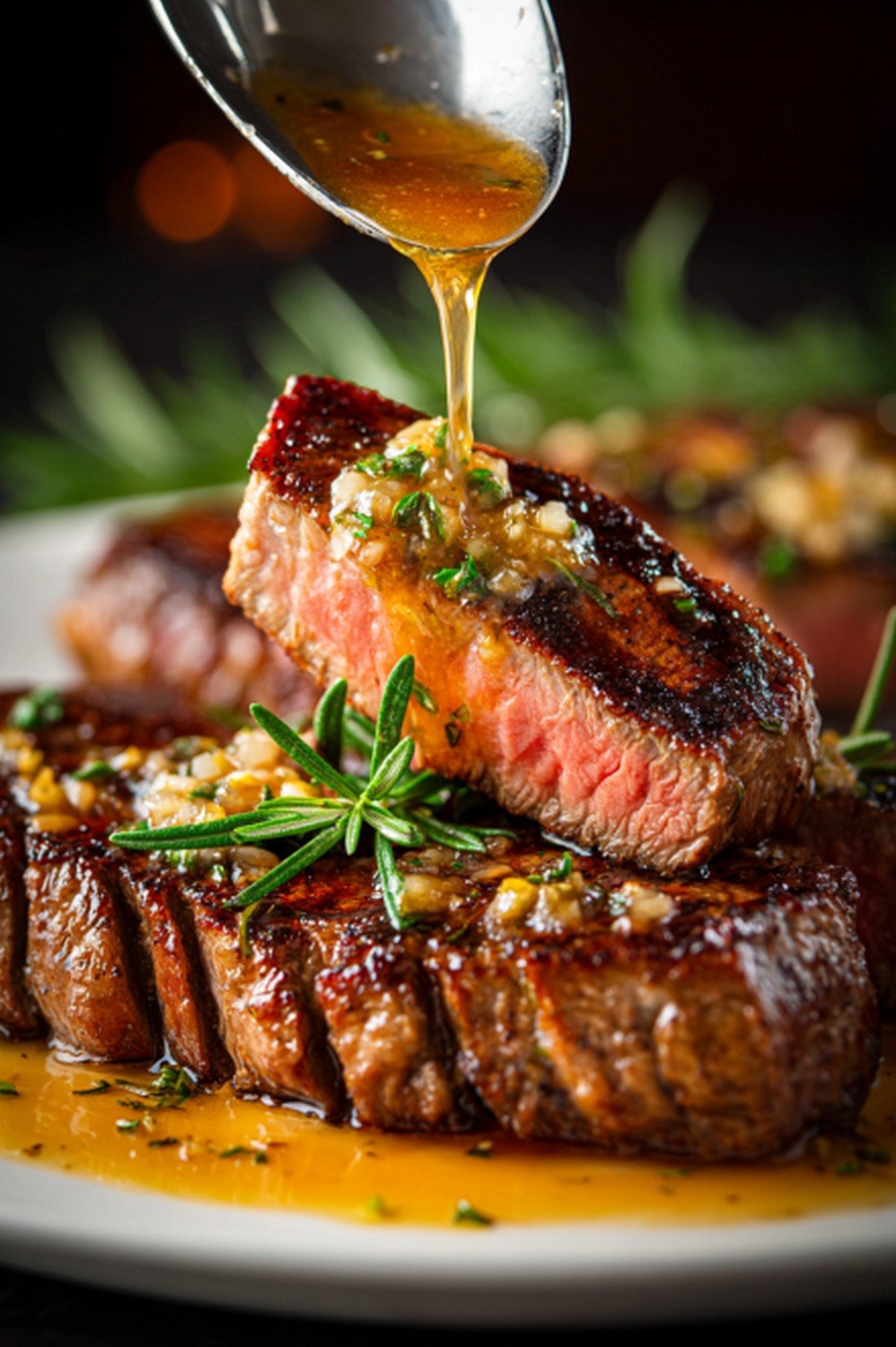 steak slice lifted showing garlic butter sauce

