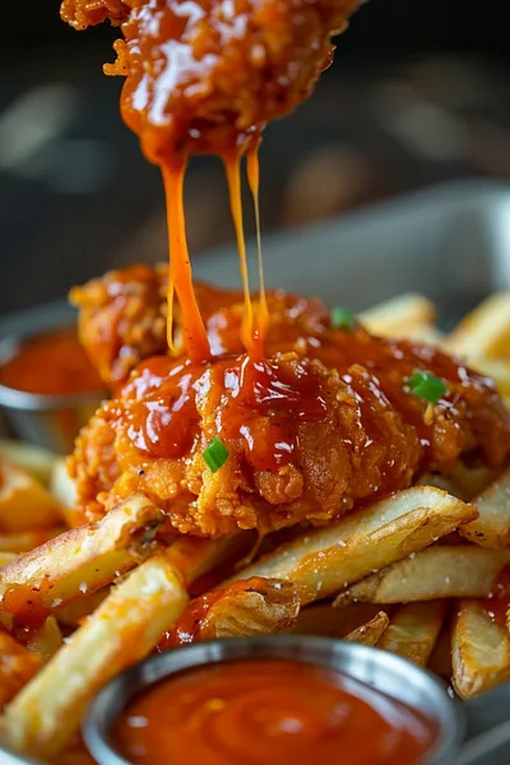 Action dip shot of Dave’s Hot Chicken Sauce