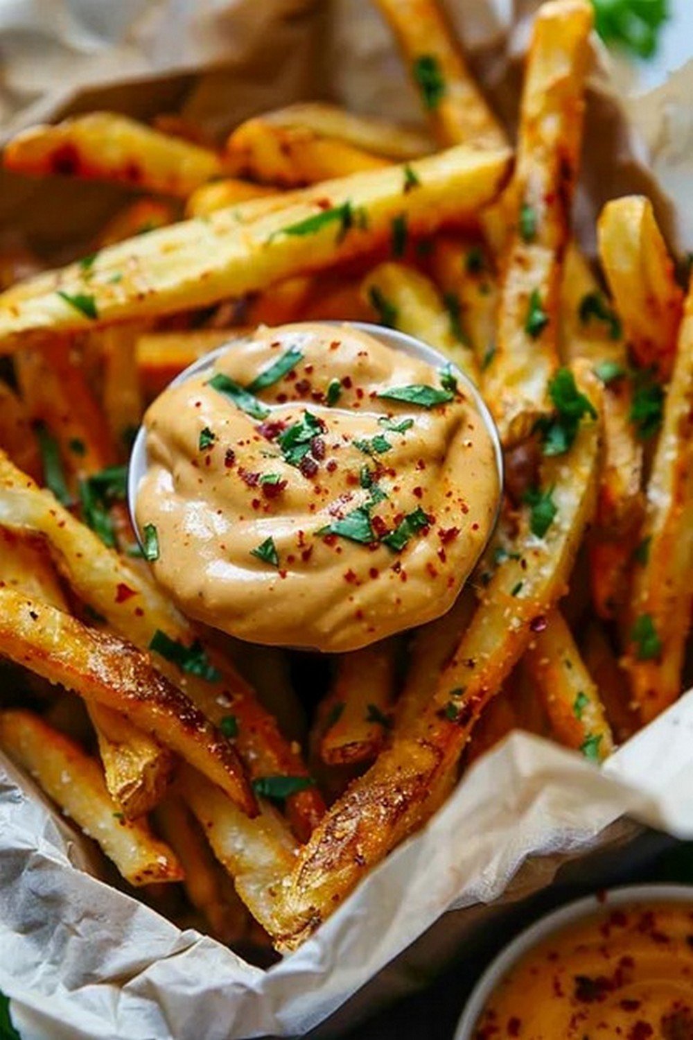 Action dip shot of Del Taco Secret Sauce
