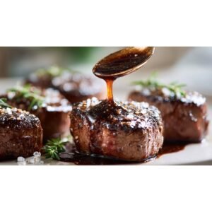 steak topped with glossy demi glace sauce