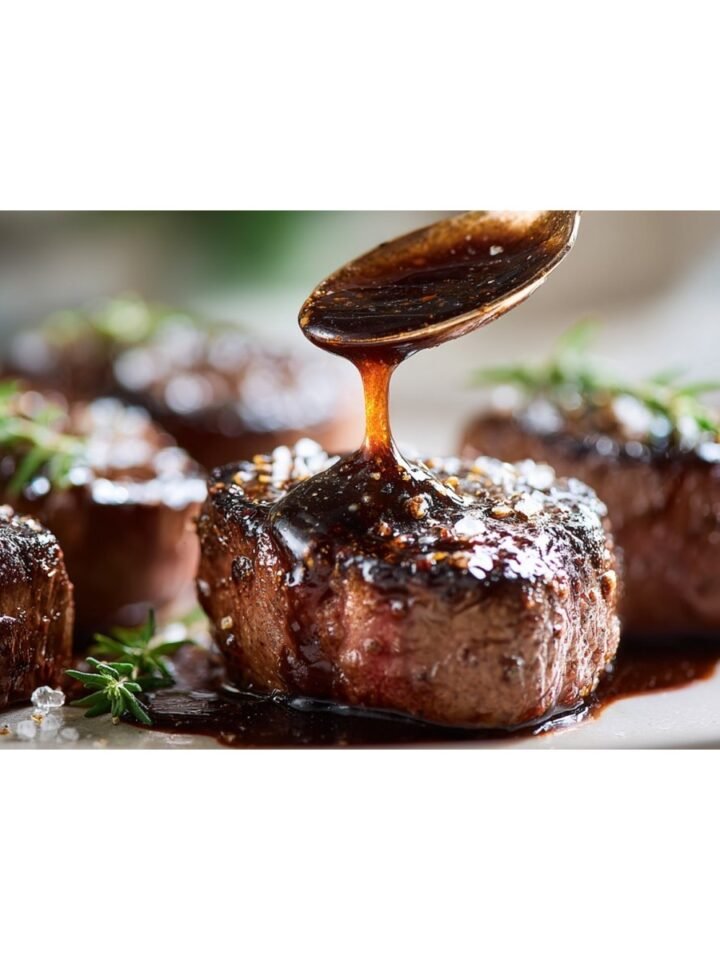 steak topped with glossy demi glace sauce