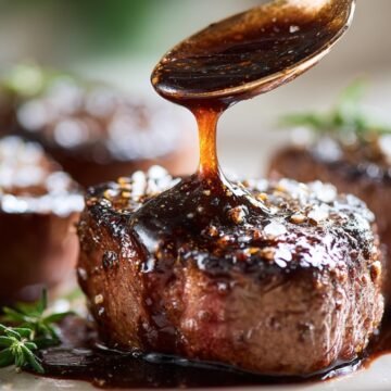 steak topped with glossy demi glace sauce