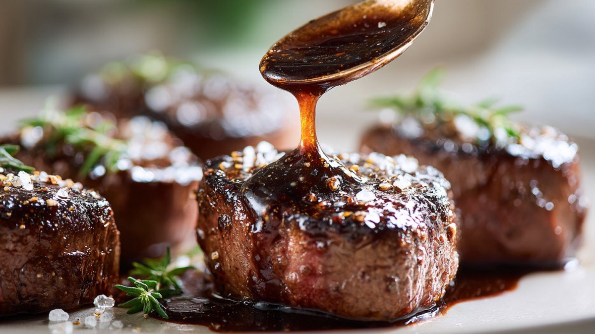 steak topped with glossy demi glace sauce

