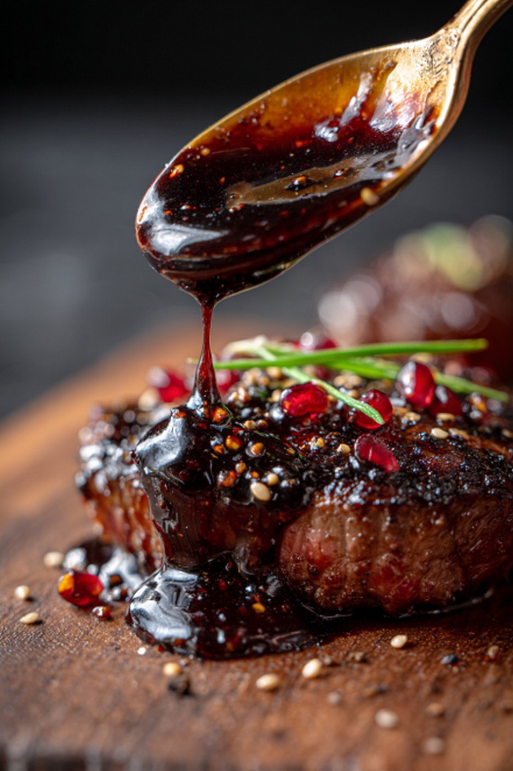 spoon pouring demi glace sauce over steak
