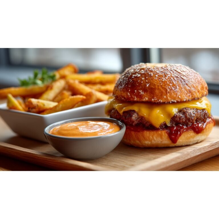 burger and fries served with creamy Five Guys sauce