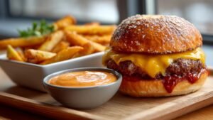 burger and fries served with creamy Five Guys sauce