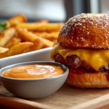 burger and fries served with creamy Five Guys sauce