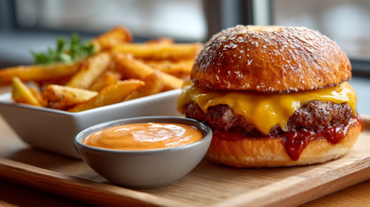 burger and fries served with creamy Five Guys sauce

