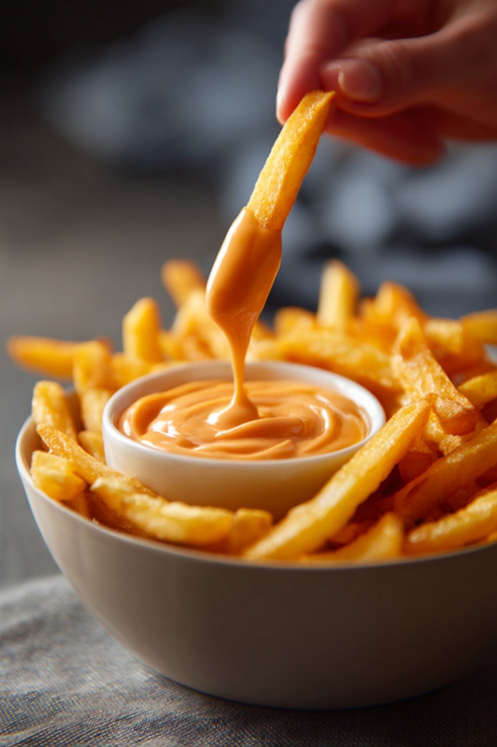 fries dipped into Five Guys sauce with rich coating
