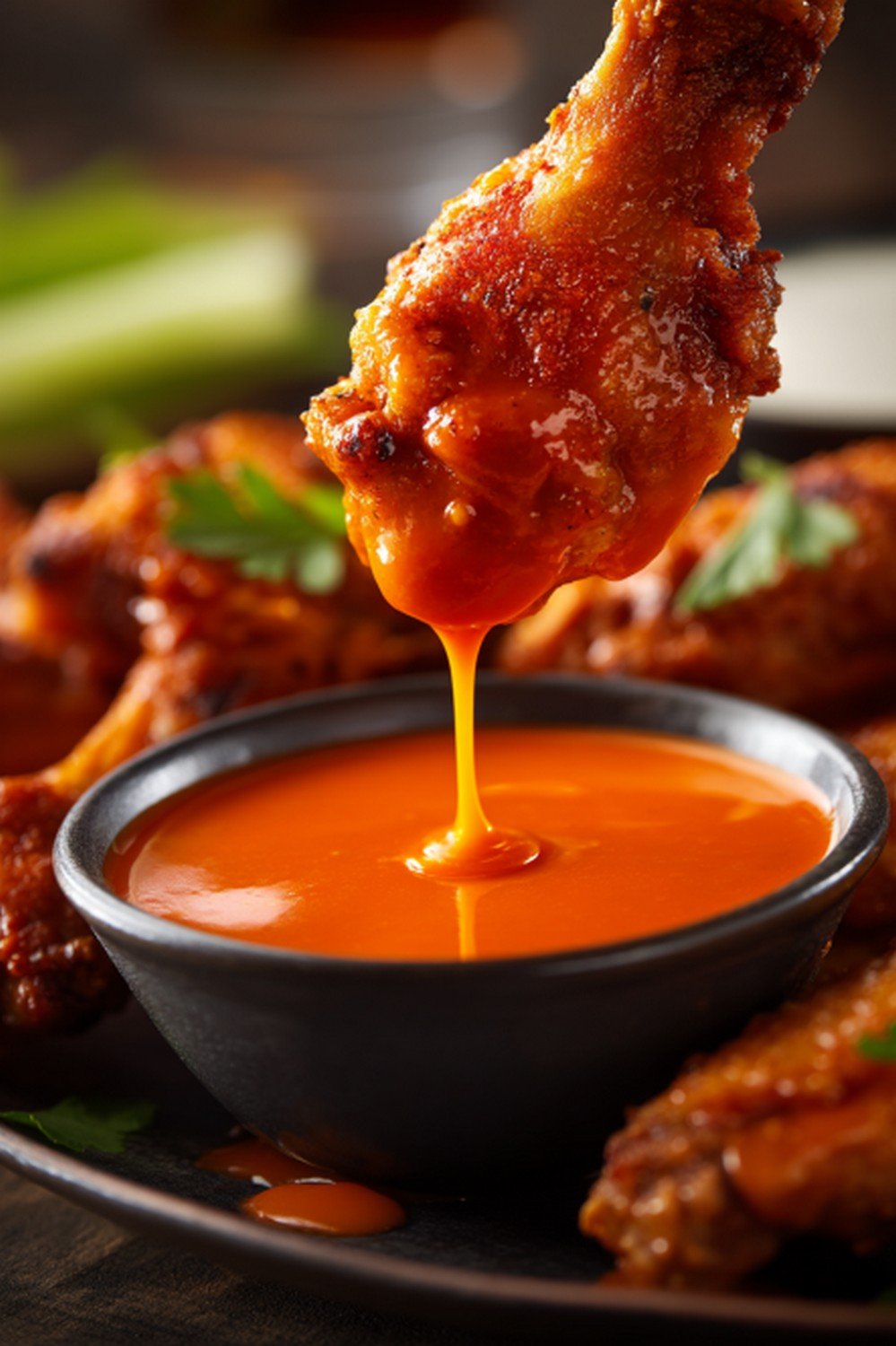 wings dripping with sauce on game day platter