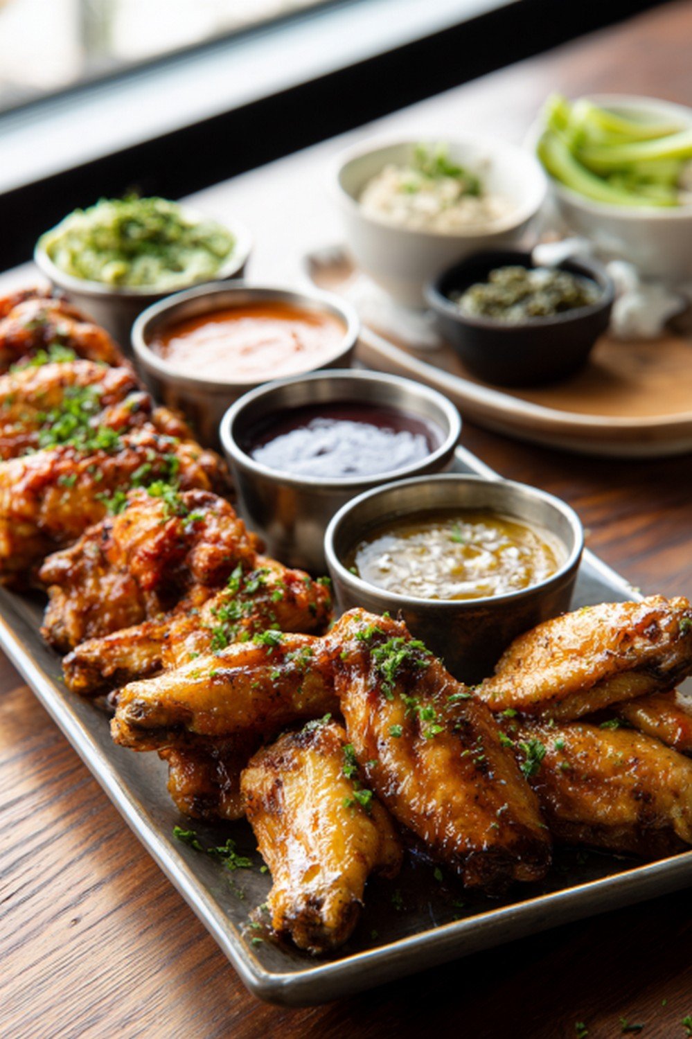 full game day wing platter with sauces on party table