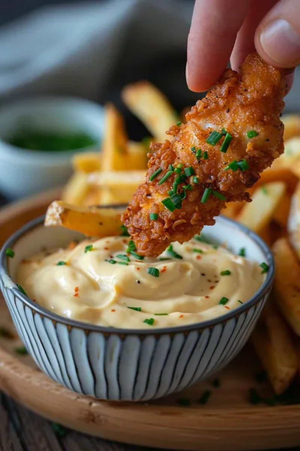 chicken tenders dipping into creamy garlic aioli sauce
