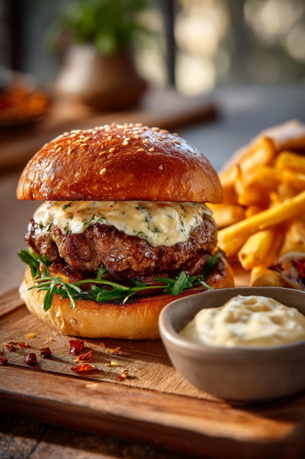 garlic burger sauce served with burgers and fries in a home kitchen

