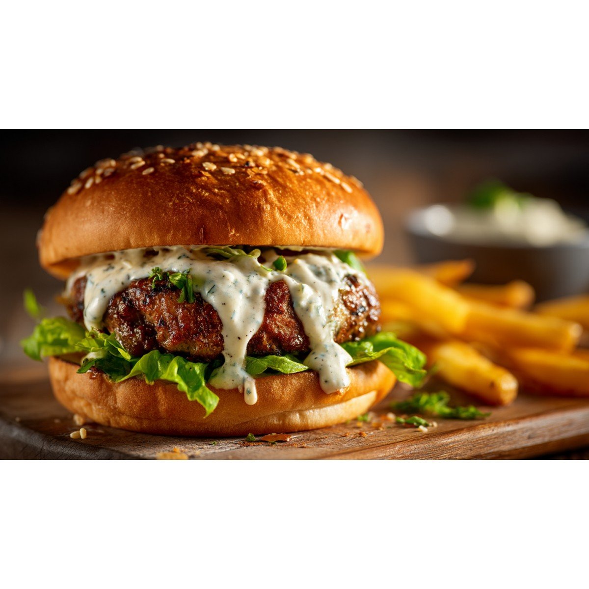 creamy homemade garlic burger sauce with burger and fries on a wooden table