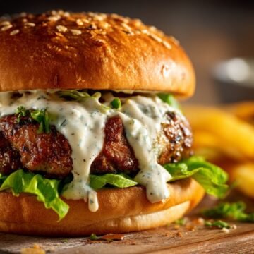 creamy homemade garlic burger sauce with burger and fries on a wooden table