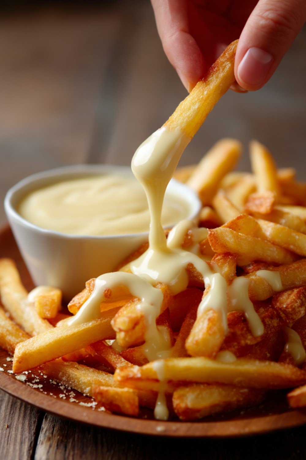 fries dipped into garlic burger sauce with visible coating
