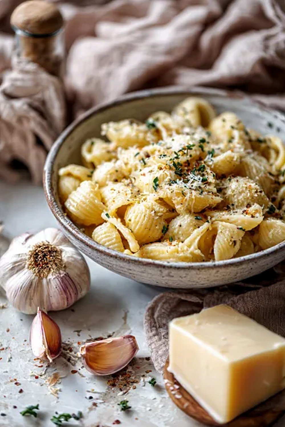 homemade garlic parmesan cream sauce served with pasta and grated parmesan
